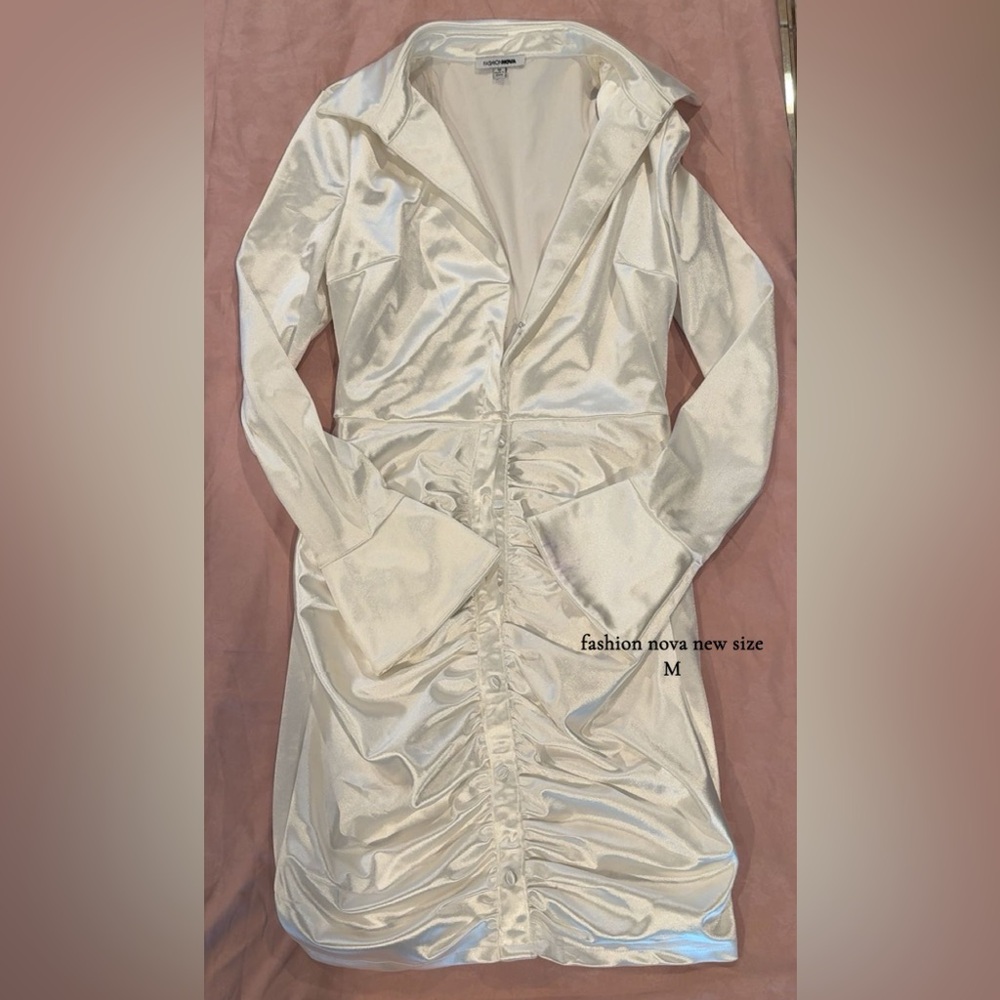 Fashion Nova Shimmering Cream Long Sleeve Dress